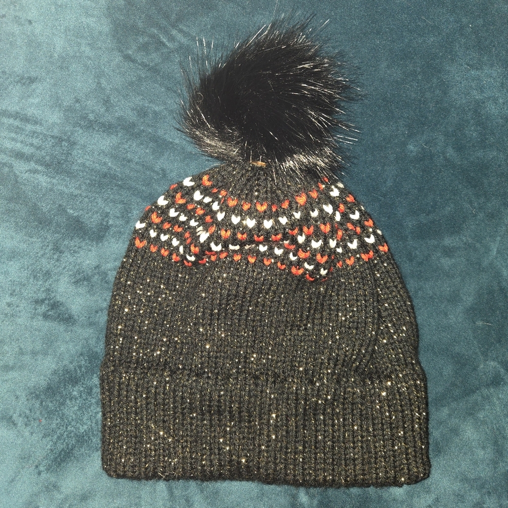 Chic Black & Gold Speckle Knit Beanie with Pom-Pom